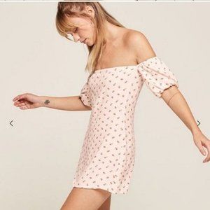 REFORMATION Framboise  Mini Dress Off Shoulder Puff Sleeve Floral Rose White